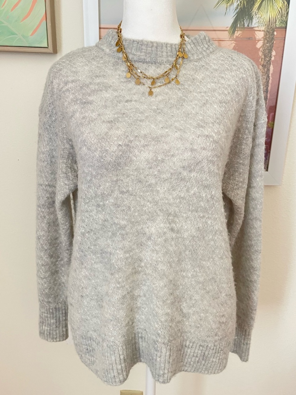 Quince Baby Alpaca-Wool Sweater Diamond Stitch Crew Light Grey Size Small